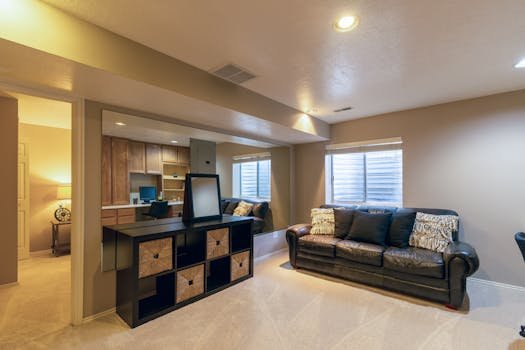 Home Warm and inviting basement living room featuring a leather sofa and modern decor.