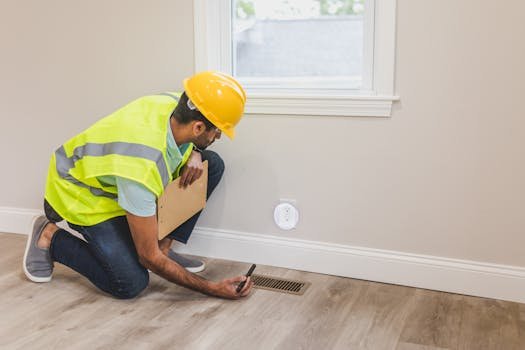 Home A construction worker in a hard hat inspects a floor vent indoors, ensuring quality and safety standards.